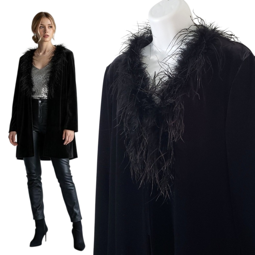 Vtg Patra Velvet Ostrich Feather Trim Cardigan Jacket Black Glam Gothic Women S